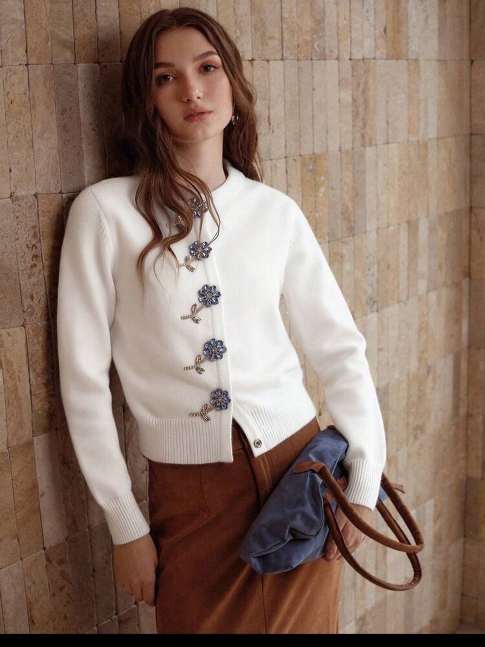 White Floral-Embellished Button Cardigan Sweater